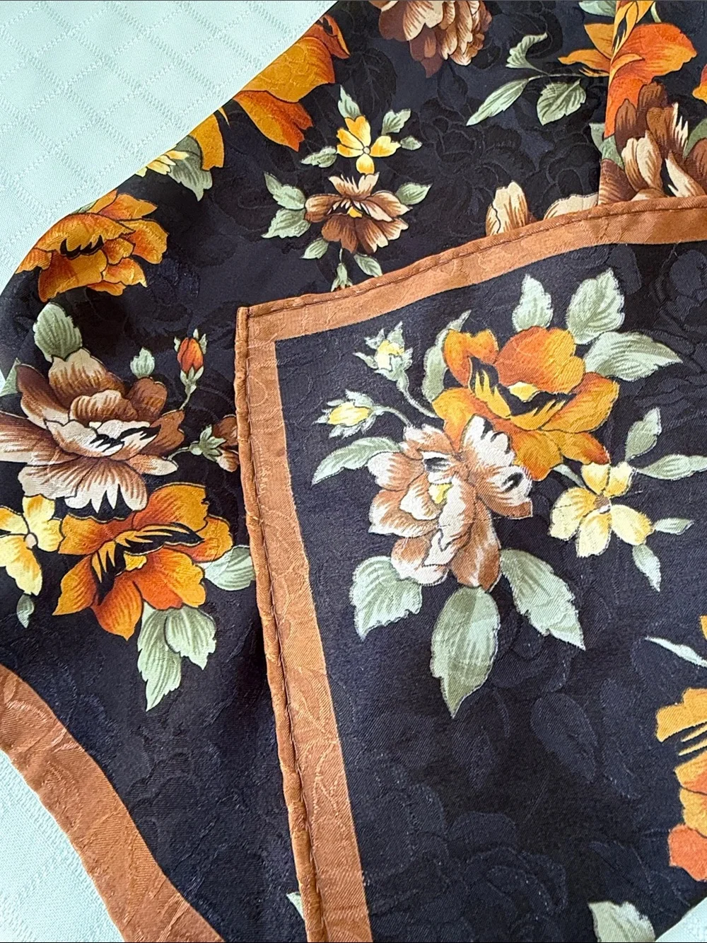 Vintage Floral Black and Orange Silk Scarf